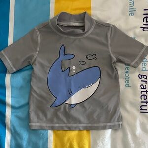 Kids Grey Rash Guard Swim Shirt with Blue Shark Graphic